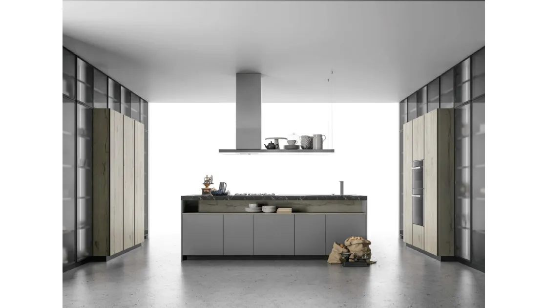 Cucina Design Aspen in Rovere nodato e Vetro grigio di Doimo Cucine