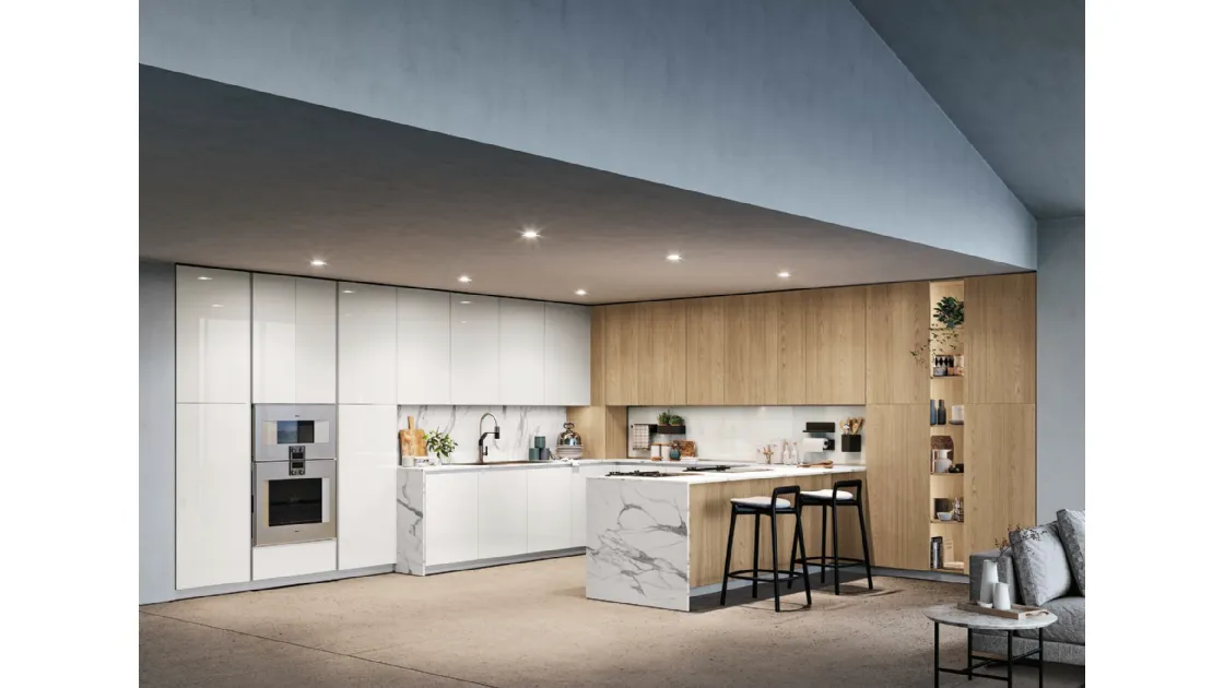 Cucina Moderna con penisola D23 Bianco e Rovere di Doimo Cucine